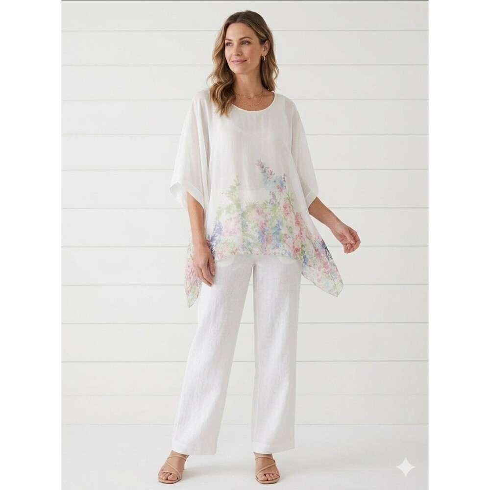 Elena Baldi Italy 100% Silk Floral Kaftan Blouse Coastal Grandmother Luxury M